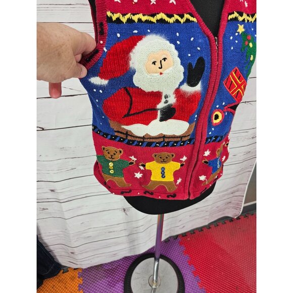 Vintage Christmas Vest Ugly Sweater‎ Santa & Bears Hampshire Studio M Red - Picture 3 of 11